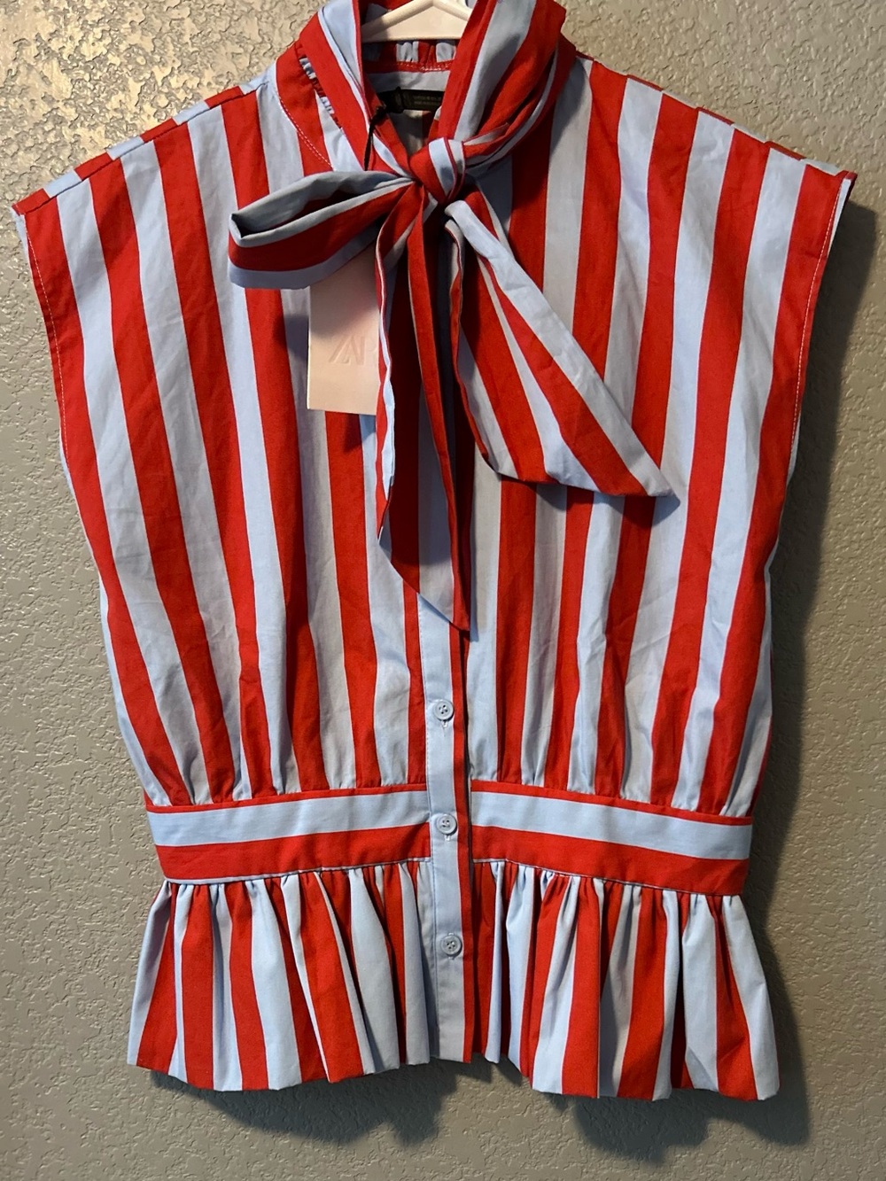 Zara Red and Light Blue Striped Tie-Neck Sleeveless Blouse - Picture 5 of 5